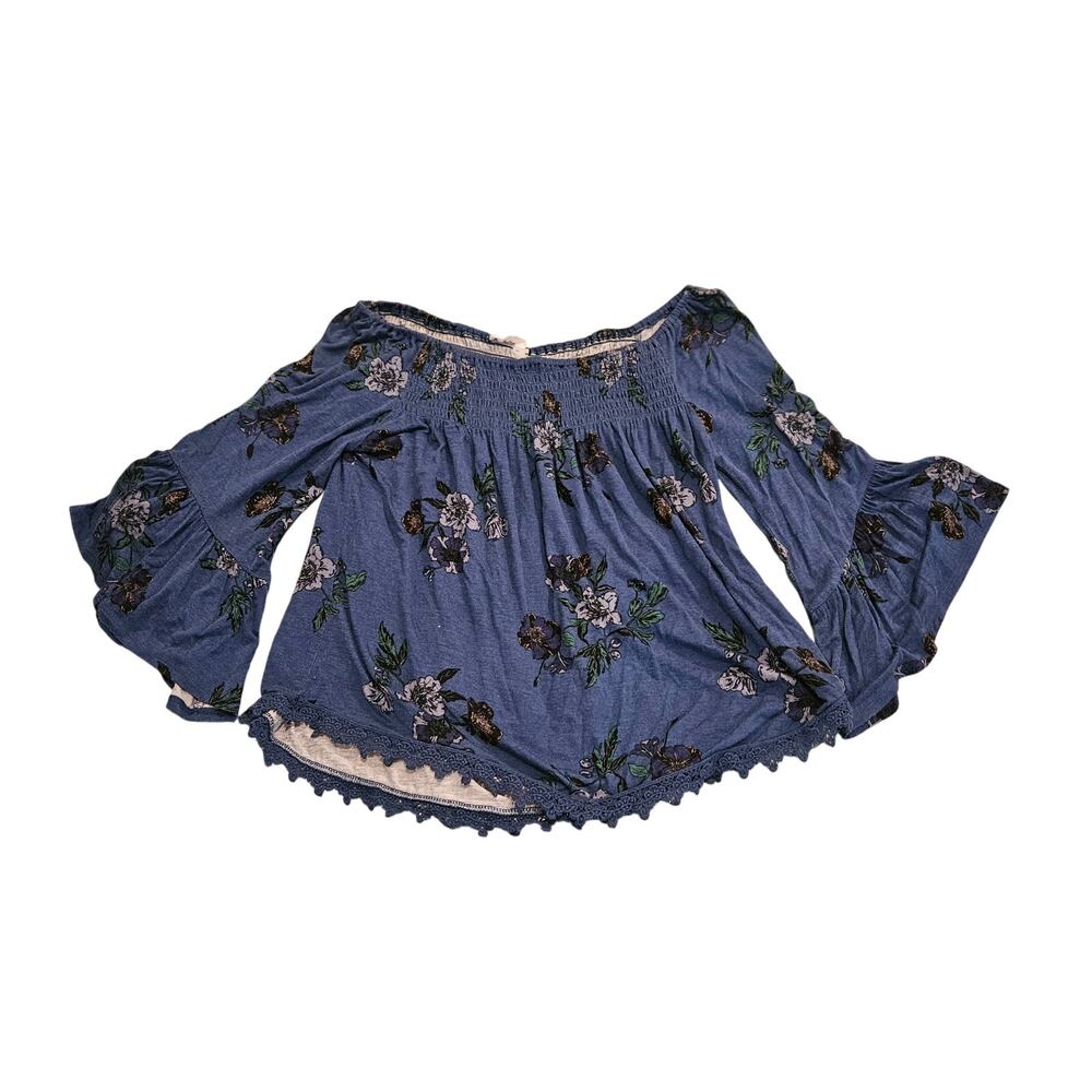 LUQ Women’s Blue Floral Off Shoulder Bell Sleeve Shirt Small Boho
